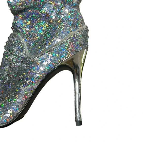 Glitter slouch high heel party boots!! Taylor Swift iridescent  sequin silver EC - Picture 10 of 15